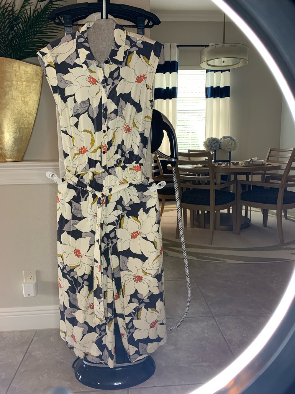 Ann Taylor Floral Button-Front Sleeveless Jumpsuit in Navy and Cream